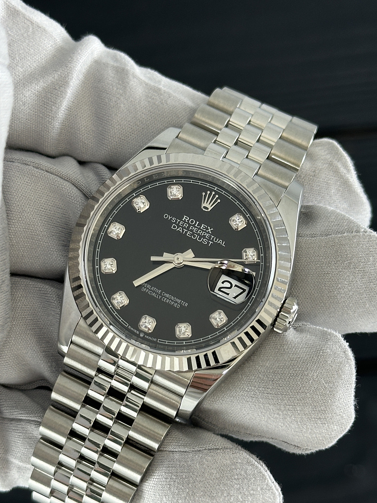 Rolex Datejust 36mm Steel White Gold Black Dial Diamonds 126234G